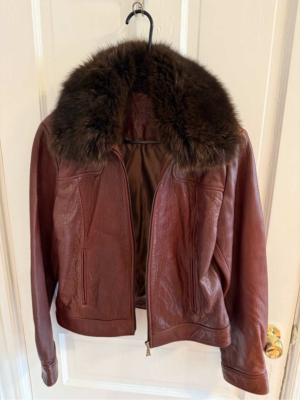 Brown Reilly Olmes Leather Jacket with Removable Fur Collar